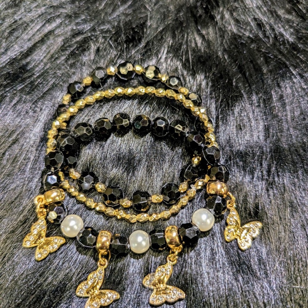 Handmade 3 piece Black & Gold stacked charm bracelets